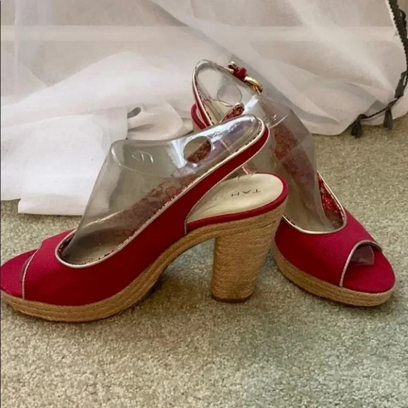 Tahari Pink Canvas Straw Heel Open Toe Shoe 6.5 - Picture 2 of 8
